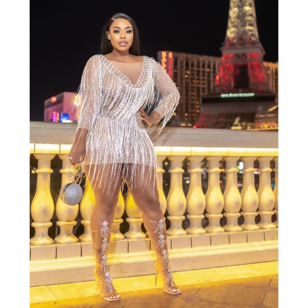 Unique Rare Size Large Ice Me Out Bling Birthday Silver Rhinestone Fringe Dress - Picture 8 of 11